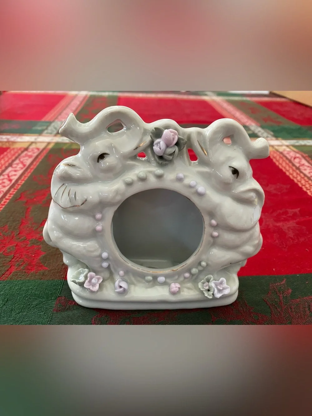 Vintage Loving Elephants White Ceramic Photo Frame with Pink Accent Flowers 5”